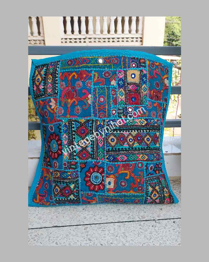 Blue Vintage Kharakh Hand Embroidered Patchwork Cushion Cover 